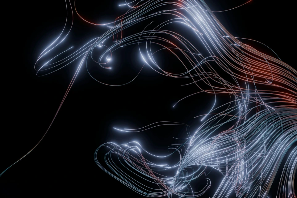 Abstract glowing lines swirl on a black background